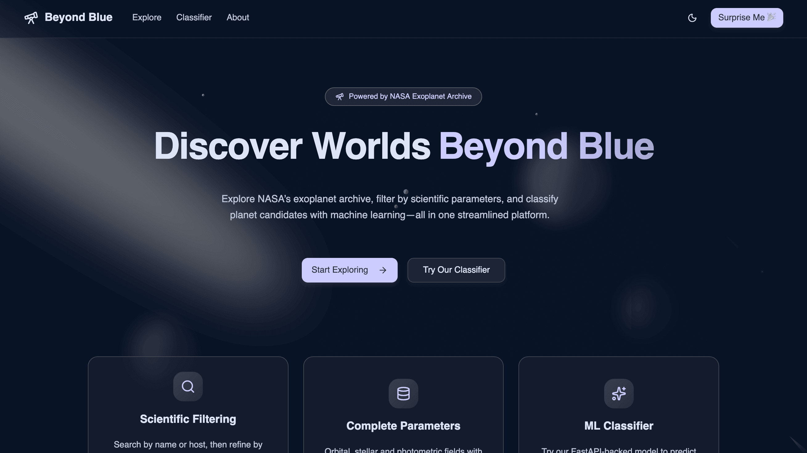 Beyond Blue - An AI-powered platform to explore exoplanets